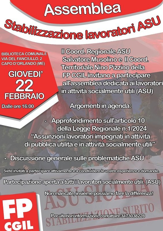 Capo d’Orlando: la Cgil Fp organizza assemblea per lavoratori Asu